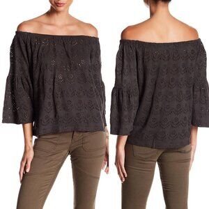 Lucky Brand‎ Black Eyelet Lace Off The Shoulder Bell Sleeve Top Size XS Cotton